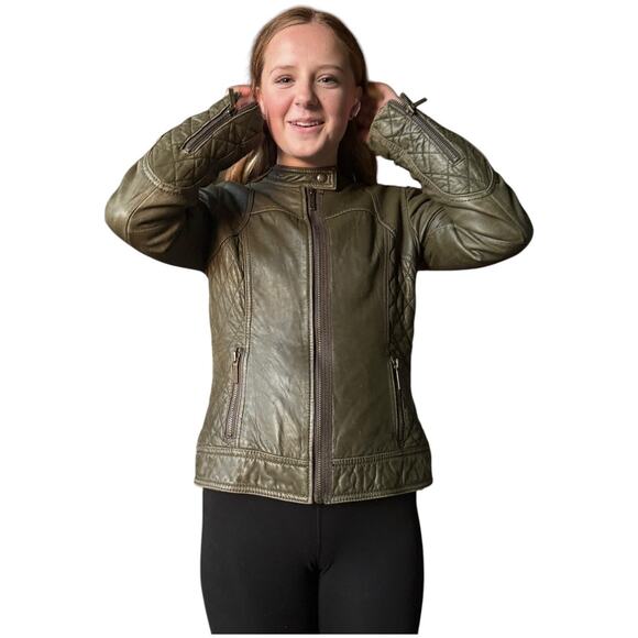 Michael Kors Green Leather Biker Moto Jacket quilted pattern size Small - Picture 4 of 16